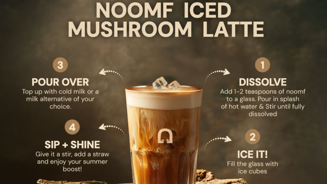 How to make an iced mushroom coffee latte with Noomf 4 easy steps